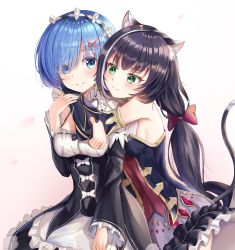 Rule 34 | 2girls, absurdres, animal ear fluff, animal ears, apron, bad id, bad pixiv id, bare shoulders, black dress, black hair, black sleeves, blue eyes, blue hair, blush, breasts, cat ears, cat girl, cat tail, commentary request, crossover, detached sleeves, dress, eyes visible through hair, frilled apron, frilled dress, frilled sleeves, frills, frown, green eyes, hair ornament, hair over one eye, hair ribbon, highres, hug, hug from behind, karyl (princess connect!), long hair, looking at another, looking at viewer, low twintails, maid, maid headdress, medium breasts, multicolored hair, multiple girls, princess connect!, re:zero kara hajimeru isekai seikatsu, rem (re:zero), ribbon, short hair, simple background, smile, streaked hair, tail, twintails, very long hair, waist apron, white background, white hair, white legwear, x hair ornament, zeroillya