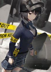 Rule 34 | 1girl, absurdres, armband, ballistic shield, black eyes, black hair, blue bow, blue jacket, blue skirt, blurry, blurry background, bow, breasts, caution tape, collared shirt, commentary, depth of field, dress shirt, dutch angle, english commentary, hair between eyes, helmet, highres, holding, holding shield, jacket, keep out, long sleeves, looking at viewer, mixed-language commentary, original, plaid, plaid skirt, pleated skirt, riot shield, scottie (phantom2), shield, shirt, skirt, small breasts, solo, standing, thighhighs, translation request, visor, walkie-talkie, white shirt, white thighhighs