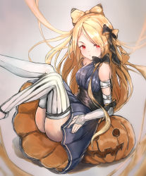 Rule 34 | 1girl, abigail williams (fate), absurdres, ass, bandaged arm, bandages, bare shoulders, black bow, black dress, black ribbon, blonde hair, blush, bow, breasts, bridal gauntlets, dress, envel203, fate/grand order, fate (series), forehead, hair bow, halloween, highres, jack-o&#039;-lantern, leaning back, legs up, long hair, looking at viewer, open mouth, orange bow, orange ribbon, parted bangs, pumpkin, red eyes, ribbon, sash, small breasts, solo, thighhighs, thighs, two-tone bow, two-tone ribbon, very long hair, white thighhighs