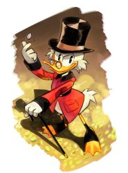 Rule 34 | 1boy, artist name, bad link, cane, coat, coin, coin flip, disney, drawloverlala, duck tales, glasses, hat, highres, looking at viewer, scrooge mcduck, top hat, webbed feet