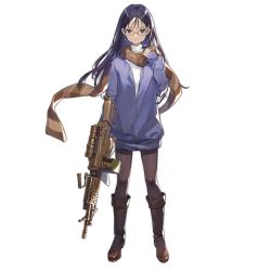 Rule 34 | 1girl, 5.56x45mm nato, ammunition, ammunition belt, ammunition box, belt-fed, blue jacket, boots, brown footwear, brown scarf, bullet, carbine cartridge, claes, closed mouth, crossover, dmr cartridge, full body, girls&#039; frontline, glasses, guest character, guest fighter, gun, gunslinger girl, hair ornament, hairclip, holding, intermediate cartridge, jacket, light machine gun, lmg cartridge, long hair, long sleeves, looking at viewer, m249, m27 link, machine gun, military cartridge, official art, pantyhose, purple eyes, purple hair, rifle cartridge, scarf, scope, shirt, smile (mm-l), solo, squad automatic weapon, standing, transparent background, weapon, white shirt