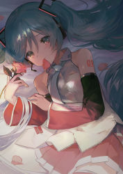 Rule 34 | 1girl, bed sheet, black thighhighs, blue hair, blush, brown skirt, brown sleeves, closed mouth, collared shirt, commentary, detached sleeves, eyebrows hidden by hair, flower, green eyes, grey necktie, hair between eyes, hatsune miku, headphones, headset, highres, holding, holding flower, ito taera, long hair, long sleeves, looking at viewer, lying, mouth hold, necktie, on back, petals, pink flower, pink rose, pleated skirt, revision, rose, shirt, skirt, sleeveless, sleeveless shirt, solo, thighhighs, tie clip, twintails, twitter username, very long hair, vocaloid, white shirt, wide sleeves