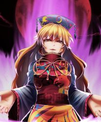 Rule 34 | 1girl, aura, blonde hair, breasts, chinese clothes, fox print, frilled sleeves, frills, hair between eyes, high heels, junko (touhou), kikoka (mizuumi), large breasts, lips, long hair, long sleeves, looking at viewer, moon, outstretched arms, phoenix crown, red eyes, red moon, sash, slit pupils, solo, standing, tabard, tassel, touhou, wide sleeves, yellow neckwear