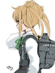 Rule 34 | 10s, 1girl, 2016, 4suke, artist name, belt, black skirt, blonde hair, blush, bow, bowtie, brown eyes, buttons, closed mouth, collared shirt, dated, double bun, flat chest, green bow, green bowtie, hair between eyes, hair bun, kantai collection, long hair, long sleeves, machinery, michishio (kancolle), michishio kai ni (kancolle), plaid, plaid bow, profile, shirt, sidelocks, simple background, skirt, solo, suspenders, twintails, upper body, white background, white shirt