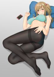 Rule 34 | 1girl, ass, blush, bra, breasts, cellphone, fang, feet, full body, gradient background, green eyes, green panties, grey background, hand on own ass, highres, inuyama aoi, large breasts, light brown hair, long hair, looking at viewer, lying, no shoes, panties, panties under pantyhose, pantyhose, phone, shukurimu, side ponytail, skin fang, smartphone, solo, swept bangs, toes, underwear, underwear only, yurucamp