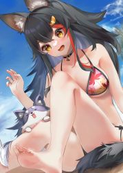 Rule 34 | 1girl, animal ear fluff, animal ears, bare legs, barefoot, bell, bikini, black choker, black hair, blush, breasts, cat, choker, day, feet, foot out of frame, hair ornament, hairclip, halterneck, highres, hololive, large breasts, leaf print, long hair, miaohik, multicolored hair, neck bell, ookami mio, ookami mio (hololive summer 2019), open mouth, print bikini, red hair, side-tie bikini bottom, sitting, soles, solo, streaked hair, string bikini, swimsuit, tail, toes, very long hair, virtual youtuber, wolf ears, wolf girl, wolf tail, yellow eyes