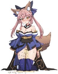 Rule 34 | 1girl, animal ear fluff, animal ears, bare shoulders, black bow, black footwear, blue kimono, blue ribbon, blue sleeves, blue thighhighs, blush, bow, breasts, cleavage, cleft of venus, closed mouth, clothing aside, collarbone, detached collar, detached sleeves, embarrassed, fate/grand order, fate (series), female focus, female pubic hair, fox ears, fox girl, fox tail, full body, hair bow, hair ribbon, japanese clothes, kimono, kneeling, knees together feet apart, long hair, looking at viewer, medium breasts, no panties, nose blush, obi, orange eyes, pee, peeing, peeing self, pelvic curtain, pelvic curtain aside, pink hair, pubic hair, puddle, pussy, ribbon, rune (dualhart), sash, shiny skin, shoes, short kimono, sidelocks, simple background, sketch, skindentation, solo, split mouth, tail, tamamo no mae (fate/extra), thighhighs, thighs, twintails, uncensored, wet, wet clothes, white background