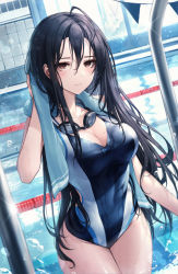 Rule 34 | 1girl, ahoge, bare shoulders, black hair, blue one-piece swimsuit, breasts, brown eyes, chyopeuteu, cleavage, closed mouth, clothing cutout, collarbone, competition swimsuit, covered navel, frown, goggles, goggles around neck, hair between eyes, hand up, holding, large breasts, long hair, looking at viewer, mole, mole on breast, mole under eye, one-piece swimsuit, original, pool, side cutout, sidelocks, solo, swimsuit, thighs, towel, towel around neck, very long hair, wet
