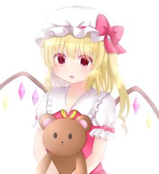 Rule 34 | 1girl, :o, bad id, bad pixiv id, blonde hair, blush, commentary, eyes visible through hair, flandre scarlet, hat, hat ribbon, holding, holding stuffed toy, light blush, looking at viewer, mob cap, open mouth, puffy short sleeves, puffy sleeves, red eyes, red vest, ribbon, shirt, short hair, short sleeves, side ponytail, simple background, solo, standing, stuffed animal, stuffed toy, teddy bear, touhou, upper body, vest, white background, white hat, white shirt, wings, yellow neckwear, yukina kurosaki