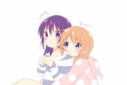 Rule 34 | 2girls, :t, ^^^, blue eyes, blush, brown hair, closed mouth, cup, food, food in mouth, gochuumon wa usagi desu ka?, hair between eyes, holding, holding cup, hoto cocoa, long hair, looking at another, mouth hold, multiple girls, nagomi yayado, open mouth, pocky, polka dot sweater, purple eyes, purple hair, simple background, sitting, staring, striped clothes, striped sweater, sweatdrop, sweater, tareme, teacup, tedeza rize, triangle mouth, white background, yuri