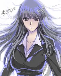 Rule 34 | 10s, 1girl, :|, black jacket, black suit, blunt bangs, breasts, closed mouth, commentary, curvy, dress shirt, formal, girls und panzer, hime cut, jacket, large breasts, long hair, long sleeves, looking at viewer, mature female, nishizumi shiho, one-hour drawing challenge, shinmai (kyata), shirt, solo, standing, straight hair, suit, twitter username, white shirt, wind, wing collar