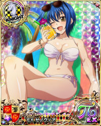 Rule 34 | 1girl, bikini, blue hair, breasts, card (medium), chess piece, cleavage, green hair, high school dxd, knight (chess), large breasts, multicolored hair, navel, official art, open mouth, smile, solo, sunglasses on head, swimsuit, two-tone hair, xenovia quarta