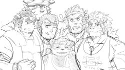 Rule 34 | !, 6+boys, :q, backwards hat, bad id, bad twitter id, bara, boarsunrise, character request, cow horns, facial hair, forked eyebrows, furry, furry male, goatee stubble, greyscale, group picture, hachimaki, hat, headband, height difference, horns, huge eyebrows, jewelry, large pectorals, male focus, mature male, monochrome, multiple boys, muscular, muscular male, necklace, nomad (housamo), o o, pectoral cleavage, pectorals, short hair, sideburns, sidepec, sketch, smile, stubble, tajikarao (housamo), takabushi kengo, tank top, tetsuox (housamo), tokyo houkago summoners, tongue, tongue out, upper body, v, v-shaped eyebrows, white tank top