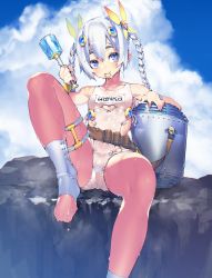 Rule 34 | 1girl, absurdres, belt, blush, braid, butterfly hair ornament, chaika trabant, cloud, feet, hair ornament, highres, hitsugi no chaika, leg up, purple eyes, russian text, school swimsuit, sitting, solo, swimsuit, translated, twin braids, wet, wet clothes, white hair