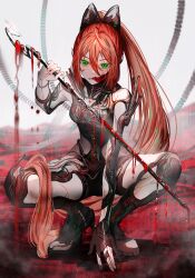 Rule 34 | 1girl, absurdres, blood, bloody weapon, boots, bow, breasts, clothing cutout, cracked skin, exposed bone, fingernails, full body, gawako, gloves, green eyes, hair bow, highres, holding, holding polearm, holding weapon, leg cutout, long hair, medium breasts, original, partially fingerless gloves, polearm, ponytail, red hair, sketch, solo, squatting, teeth, very long hair, weapon