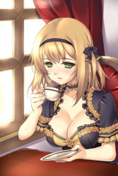 Rule 34 | 1girl, blonde hair, blush, bow, breasts, choker, cleavage, cup, frills, green eyes, grin, hair ribbon, holding, lowres, open mouth, plate, ribbon, short hair, sitting, smile, solo, sword girls, tama (tamatamo), teacup