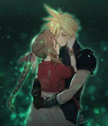 Rule 34 | 1boy, 1girl, 2020, aerith gainsborough, armor, bad id, bad pixiv id, black gloves, black sweater, blonde hair, bow, bracelet, braid, braided ponytail, brown hair, closed eyes, closed mouth, cloud strife, couple, dated, dress, final fantasy, final fantasy vii, floating hair, gloves, hair bow, hair intakes, hetero, hug, jewelry, krudears, lens flare, long hair, open mouth, pink bow, pink dress, ponytail, ribbed sweater, shoulder armor, sleeveless, sleeveless sweater, spiked hair, square enix, sweater, twitter username