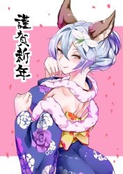 Rule 34 | 10s, 1girl, alternate costume, alternate hairstyle, animal ears, ao (time-leap), arched back, ass, bare shoulders, between breasts, blue kimono, breasts, detached sleeves, erune, floral print, flower, granblue fantasy, hair flower, hair ornament, hair up, happy new year, heles, highres, japanese clothes, kimono, large breasts, lips, looking at viewer, new year, obi, petals, pink background, sash, silver hair, solo, translation request, upper body, wide sleeves, yellow eyes