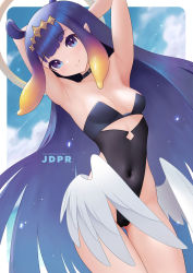Rule 34 | 1girl, animal ears, armpits, arms behind head, arms up, artist name, black choker, black one-piece swimsuit, blue eyes, blue sky, breasts, casual one-piece swimsuit, choker, cleavage, closed mouth, collarbone, covered navel, cowboy shot, day, feathered wings, gluteal fold, gradient hair, highleg, highleg swimsuit, highres, hololive, hololive english, jdpr, light particles, long hair, looking at viewer, low wings, multicolored hair, ninomae ina&#039;nis, one-piece swimsuit, orange hair, outdoors, outside border, pointy ears, purple hair, sky, small breasts, smile, solo, straight hair, strapless, strapless one-piece swimsuit, swimsuit, tentacle hair, thigh gap, very long hair, virtual youtuber, white wings, wings