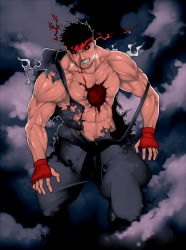 Rule 34 | 1boy, black sclera, blood, capcom, clenched teeth, colored sclera, dark persona, dougi, evil ryu, fingerless gloves, g-room honten, gloves, glowing, glowing eyes, headband, injury, male focus, muscular, red eyes, ryu (street fighter), topless male, solo, street fighter, street fighter iv (series), teeth, torn clothes