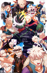Rule 34 | 1boy, abs, absurdres, angry, bakugou katsuki, black jacket, black pants, black shirt, black tank top, black vest, blonde hair, blue jacket, boku no hero academia, brown gloves, brown shorts, brown vest, card, child, collared shirt, dated, domino mask, earrings, explosion, gloves, goggles, goggles on head, green gloves, grey jacket, happy birthday, hat, highres, holding, holding card, holding sword, holding weapon, jacket, jewelry, large pectorals, looking at viewer, lying, male focus, mask, multiple rings, multiple views, muscular, muscular male, navel, necklace, necktie, official alternate costume, on back, open clothes, open jacket, open mouth, orange shirt, pants, pectorals, pirate, pirate hat, red eyes, red scarf, ring, scarf, school uniform, shirt, short hair, shorts, smile, spiked hair, superhero costume, sword, tank top, teeth, tongue, tongue out, topless male, twitter username, vest, weapon, white shirt, yazaki (yazakc), yellow shirt