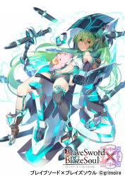 Rule 34 | 1girl, black gloves, black thighhighs, brave sword x blaze soul, center opening, elbow gloves, gloves, green eyes, green hair, hair between eyes, highres, kokka han, long hair, looking at viewer, navel, ponytail, single thighhigh, solo, thighhighs, white background