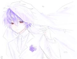 Rule 34 | 1boy, absurdres, alternate costume, closed mouth, collarbone, commentary request, flower, groom, hair between eyes, highres, jacket, long sleeves, male focus, necktie, purple flower, purple hair, purple rose, red eyes, rose, saibou shinkyoku, see-through, see-through veil, shirt, short hair, smile, solo, theodore riddle, veil, white background, white jacket, white necktie, white petals, white shirt, white veil, zhi chuang wangzi