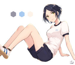 Rule 34 | 10s, 1girl, absurdres, artist name, black hair, breasts, from side, gym shorts, gym uniform, hayami kanade, highres, idolmaster, idolmaster cinderella girls, looking at viewer, mairo, parted bangs, short hair, shorts, signature, simple background, smile, solo, yellow eyes