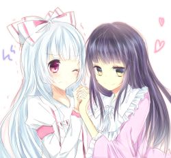 Rule 34 | 2girls, armband, black hair, blue hair, bow, collared shirt, embarrassed, frills, fujiwara no mokou, hair bow, hand grab, heart, hime cut, holding hands, houraisan kaguya, long hair, long sleeves, looking to the side, multiple girls, one eye closed, overalls, red eyes, shiki no haru, shirt, simple background, sketch, smirk, touhou, white background, wide sleeves, yellow eyes