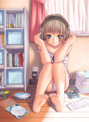 Rule 34 | 1girl, barefoot, blue eyes, bob cut, book, bookshelf, brown hair, camisole, cd, cd case, cd player, chemise, curtains, discman, electrical outlet, feet, hand on own ear, hand on own ear, headphones, hugging own legs, indoors, inou shin, knees to chest, leaning back, looking at viewer, off shoulder, on floor, original, panties, short hair, sitting, smile, solo, strap slip, sunlight, toes, underwear, white panties, window, wooden floor