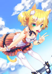 Rule 34 | 1girl, animal ear fluff, animal ears, asagi yuna, bad id, bad pixiv id, bare arms, bare shoulders, bell, bent over, blonde hair, blue sky, bracelet, cat ears, cat tail, cloud, collarbone, day, dress, fang, food, green eyes, hair ornament, hairclip, highres, jewelry, multicolored clothes, multicolored dress, necklace, open mouth, original, pantyhose, popsicle, sky, sleeveless, sleeveless dress, solo, tail, tongue, tongue out, twintails, white pantyhose