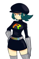 Rule 34 | 1girl, absurdres, belt, black headwear, black skirt, closed mouth, commentary, creatures (company), english commentary, game freak, gloves, green eyes, green hair, grey gloves, grey thighhighs, hand on own hip, highres, looking at viewer, nintendo, pokemon, pokemon usum, short hair, simple background, skirt, smgold, solo, standing, team rainbow rocket grunt, thighhighs, white background
