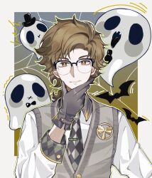 Rule 34 | 1boy, badge, bat (animal), black-framed eyewear, border, bright pupils, brown eyes, checkered necktie, collared shirt, ghost, glasses, gloves, gradient background, grey background, grey gloves, grey vest, grin, hand on own chin, hand up, highres, horropedia, long sleeves, looking at viewer, low ponytail, male focus, medium hair, mengxi, necktie, outside border, reverse:1999, semi-rimless eyewear, shirt, silk, smile, solo, spider web, stroking own chin, swept bangs, tie clip, two-tone necktie, upper body, vest, white border, white pupils, white shirt, yellow background