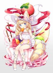 Rule 34 | 1girl, animal ears, blonde hair, blue eyes, blush, dress, eating, food, fox ears, fox tail, frills, fruit, full body, hands up, hat, heart, high heels, highres, holding, holding food, long hair, looking at viewer, original, oversized object, parfait, pigeon-toed, pink dress, pocky, popsicle, ringlets, shoes, short dress, sitting, solo, strapless, strapless dress, strawberry, strawberry syrup, sun hat, suzuki moeko, syrup, tail, tareme, tongue, tongue out, tube dress, whipped cream, white footwear, white hat, white heels