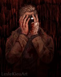 Rule 34 | 1boy, artist name, bandaged hand, blonde hair, blood, blood stain, blood on clothes, covering face, dark background, ethan winters, fewer digits, injury, jacket, lesle kieu, looking at viewer, resident evil, resident evil village, shaded face, solo, upper body, yellow jacket
