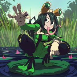 Rule 34 | 10s, 1girl, asui tsuyu, black hair, blush stickers, bodysuit, boku no hero academia, breasts, bug, day, fly, frog girl, gloves, goggles, goggles on head, grass, green hair, highres, bug, lily pad, long hair, long tongue, nature, outdoors, pond, sky, squatting, tongue, tongue out, wabbla, water, white gloves
