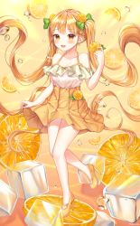 Rule 34 | 1girl, absurdres, bare legs, bare shoulders, blonde hair, blush, bow, breasts, brown dress, collarbone, commentary, dress, food, fruit, green bow, hair bow, highres, holding, huge filesize, ice, ice cube, long hair, medium breasts, monjja, open mouth, orange (fruit), orange eyes, orange theme, original, ribbon, short sleeves, skirt, solo, teeth, twintails, underwater, upper teeth only, very long hair