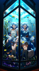 Rule 34 | 1girl, absurdres, animal hood, blue eyes, blue hair, blue hood, blunt bangs, blush, breasts, closed mouth, dress, fish, gawr gura, gawr gura (1st costume), gawr gura (party dress), grey hair, hair ornament, highres, holding, holding polearm, holding trident, holding weapon, hololive, hololive english, hood, isolatediev, looking at viewer, medium hair, multicolored hair, open mouth, polearm, shark hair ornament, shark hood, sharp teeth, sidelocks, sleeveless, sleeveless dress, small breasts, smile, stingray, streaked hair, teeth, trident, turtle, two side up, underwater, upper teeth only, virtual youtuber, weapon, white dress