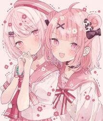 Rule 34 | 2girls, ahoge, blush, bow, bracelet, commentary request, double bun, fang, hair bun, hair ornament, hat, highres, jewelry, looking at viewer, multiple girls, necktie, nijisanji, open mouth, panda hair ornament, partial commentary, pink eyes, pink hair, pink necktie, pink sailor collar, pink skirt, puffy sleeves, sailor collar, sasaki saku, sasaki saku (6th costume), school uniform, serafuku, shiina yuika, shiina yuika (7th costume), shirt, short hair, short sleeves, skirt, smile, virtual youtuber, white shirt, x hair ornament, yuzuriha (nx e78)