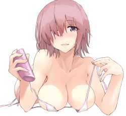 Rule 34 | 1girl, absurdres, bare shoulders, bikini, breast rest, breasts, cleavage, fate/grand order, fate (series), hair over one eye, highres, large breasts, light smile, lying, mash kyrielight, medium breasts, on stomach, open mouth, parted lips, pink hair, purple eyes, purple hair, short hair, shunichi, simple background, smile, solo, swimsuit, undressing, untied bikini, white background, white bikini