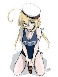 Rule 34 | 10s, 1girl, 2016, 4suke, ahoge, aqua eyes, aqua ribbon, armband, blonde hair, book, breasts, cleavage, dated, hair between eyes, hair ribbon, hat, holding, holding book, i-8 (kancolle), kantai collection, long hair, low twintails, medium breasts, name tag, one-piece swimsuit, pink thighhighs, red-framed eyewear, ribbon, sailor hat, school swimsuit, signature, simple background, sitting, smile, solo, swimsuit, thighhighs, twintails, wariza, white background, white hat