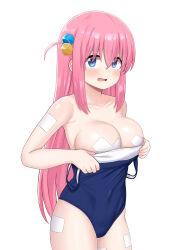 Rule 34 | 1girl, absurdres, atgsanz (wttoo0000), bandaid, bandaid on arm, bandaid on breast, bandaid on thigh, bare arms, bare shoulders, blue eyes, blue one-piece swimsuit, blush, bocchi the rock!, breasts, cleavage, collarbone, commentary, cube hair ornament, gotoh hitori, hair between eyes, hair ornament, hair over eyes, highres, large breasts, long bangs, long hair, looking at viewer, one-piece swimsuit, one side up, open mouth, patch, pink hair, school swimsuit, simple background, solo, standing, swimsuit, thighs, white background, x