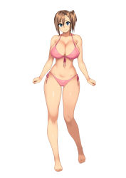 Rule 34 | 1girl, 23 (real xxiii), arms at sides, bare legs, barefoot, bikini, blue eyes, breasts, brown hair, cleavage, cleft of venus, copyright request, feet, female focus, front-tie bikini top, front-tie top, full body, hair between eyes, highres, huge breasts, large breasts, looking at viewer, navel, pink bikini, short hair, side-tie bikini bottom, side ponytail, simple background, smile, solo, standing, swimsuit, thighs, toes, white background