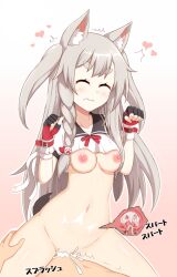 Rule 34 | 1boy, 1girl, animal ears, azur lane, bottomless, bow, breasts, claw pose, cowgirl position, crop top, crop top overhang, cum, cum in pussy, cum overflow, grey hair, highres, medium breasts, non-web source, ohno, red bow, red eyes, sex, shirt, straddling, tail, translated, underboob, vaginal, white shirt, wolf ears, wolf girl, wolf tail, x-ray, yuudachi (azur lane)