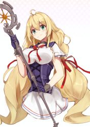 Rule 34 | 1girl, azur lane, blonde hair, blush, breasts, closed mouth, dress, gloves, green eyes, highres, holding, large breasts, le temeraire (azur lane), long hair, looking at viewer, marshall k, purple gloves, skirt, smile, solo, upper body, white background, white skirt