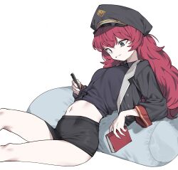 Rule 34 | 1girl, black hat, black shirt, blue archive, book, breasts, cellphone, clothes lift, collared shirt, grey eyes, hat, highres, holding, holding book, holding phone, iroha (blue archive), leaning back, leg up, long hair, military, military uniform, navel, peaked cap, pencil skirt, phone, pillow, red hair, shirt, shirt lift, sitting, skirt, small breasts, smartphone, solo, uniform, urec, wavy hair, white background