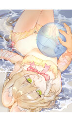 Rule 34 | 1girl, absurdres, ami (34849422), animal ear fluff, animal ears, ball, beach, beachball, brown hair, claws, closed mouth, commentary request, green eyes, highres, holding, holding ball, knees up, lying, medium hair, navel, on back, original, partially submerged, smile, solo, swimsuit, thick eyebrows, water, wet