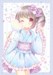 Rule 34 | 1girl, ;o, blue kimono, blush, bow, brown hair, commentary request, cotton candy, cowboy shot, food, frilled sleeves, frills, hair bow, hands up, heart, himetsuki luna, holding, holding food, japanese clothes, kimono, long sleeves, looking at viewer, obi, one eye closed, original, parted lips, pennant, polka dot, purple bow, red eyes, sash, short kimono, side ponytail, sidelocks, sleeves past wrists, solo, star (symbol), string of flags, striped, striped background, vertical stripes, wide sleeves