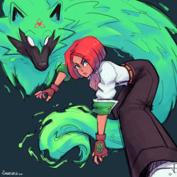 Rule 34 | 1girl, arrow (symbol), blue eyes, coderedchili, dark-skinned female, dark skin, fighting stance, giovanna (guilty gear), gloves, green fur, guilty gear, guilty gear strive, heart, highres, looking at viewer, pants, recycling symbol, red hair, rei (guilty gear), short hair, wolf
