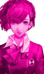 Rule 34 | 1girl, blazpu, bow, bowtie, collared shirt, gekkoukan high school uniform, hair over one eye, highres, jacket, looking at viewer, monochrome, parted lips, persona, persona 3, persona 3 portable, ponytail, school uniform, shiomi kotone, shirt, simple background, solo, upper body